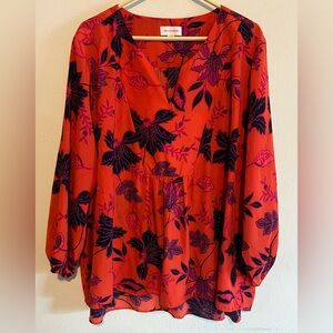 3/$20 Molly Isadora Floral V-Neck Red/Black 3/4 Sleeve Boho Blouse 3XL